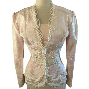 Scott McClintock Vintage Brocade Pink Floral Blazer w/White Lace Pearls Size 8